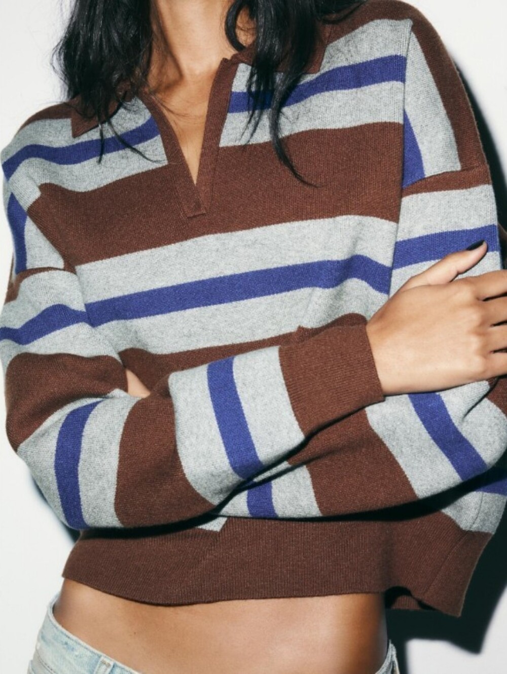 Zara Striped Collared V-neck Polo Pullover Sweater In Brown/Blue - S